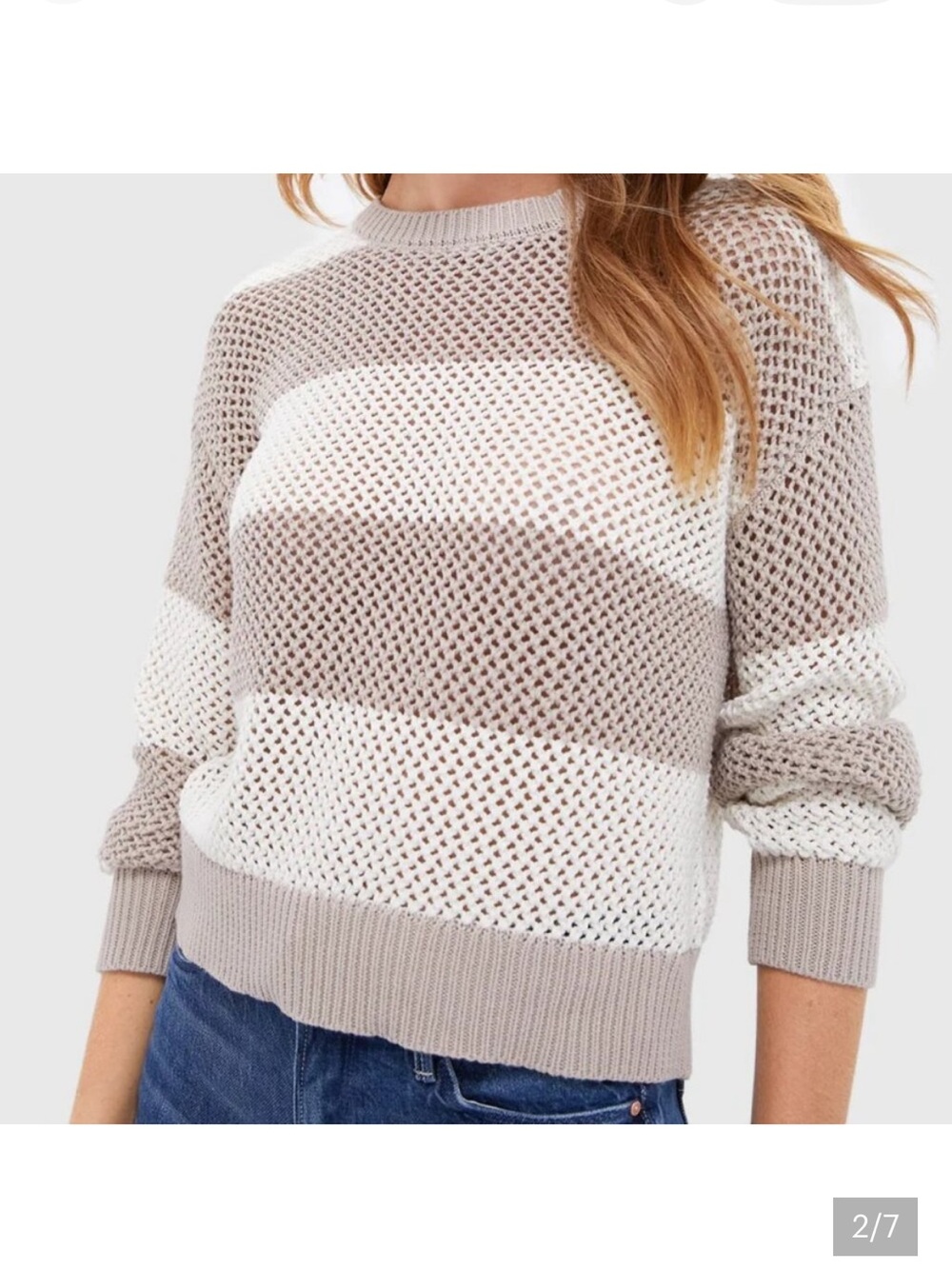 Z Supply Taupe and White Striped Open-Knit Crew Sweater